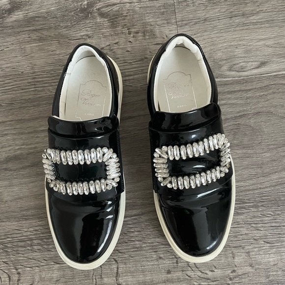 Roger Vivier Shoes - Roger Vivier Black Patent Leather Sneaky Viv Embellished Low Top Sneakers
